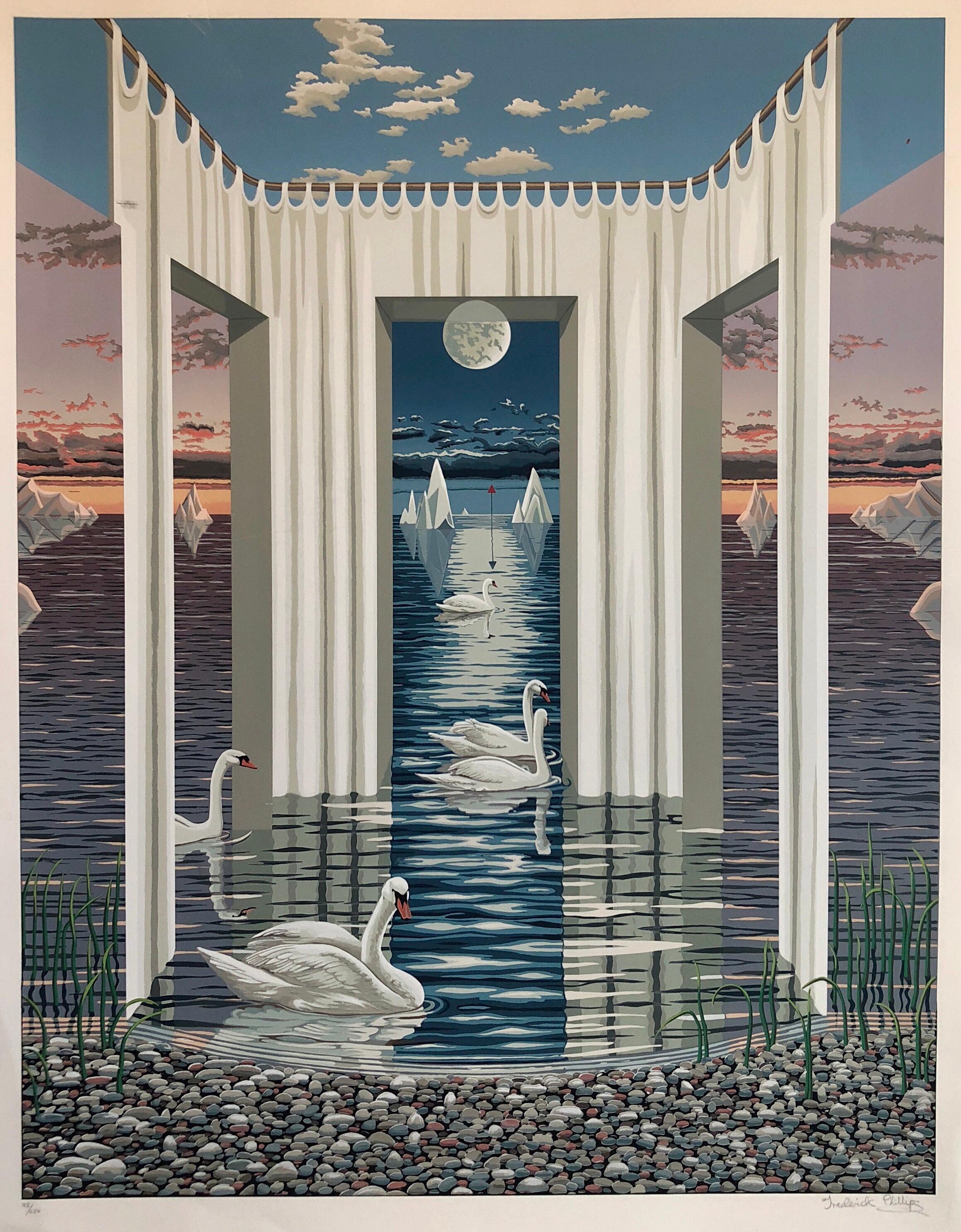  Frederick Phillips Landscape Print - Large Surrealist Photo Realist Silkscreen Lithograph Print Swan Dreams
