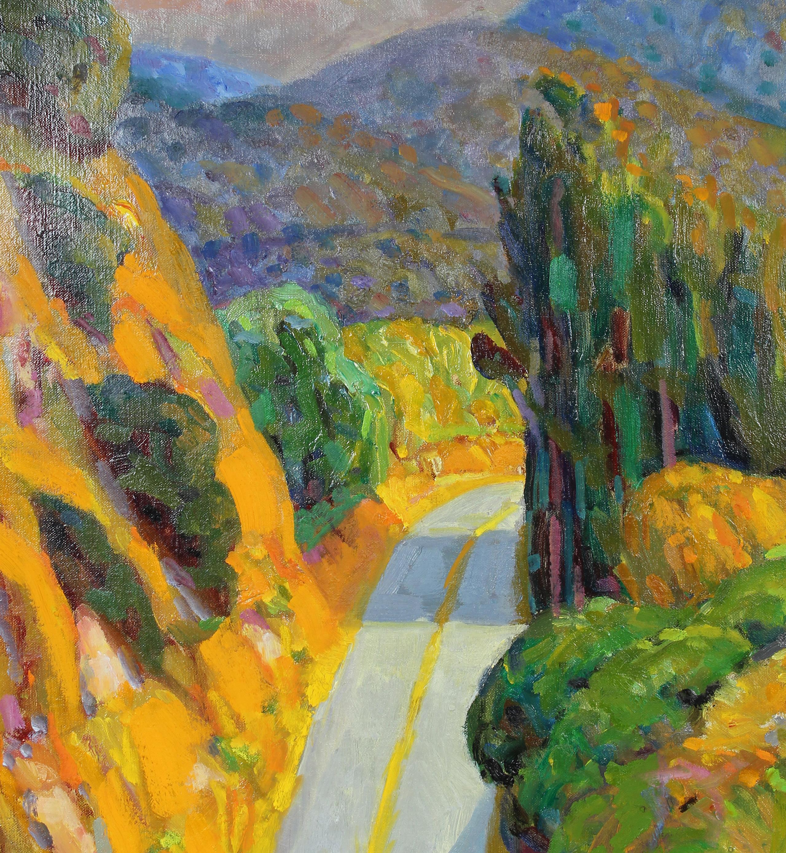 Colorful Oil on Canvas Carmel Valley Landscape with Mountains, Trees and Road - Painting by Frederick Pomeroy