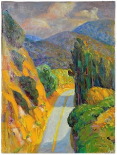 Colorful Oil on Canvas Carmel Valley Landscape with Mountains, Trees and Road