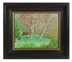 Grassy Field with Trees, 20th Century Landscape in Oil