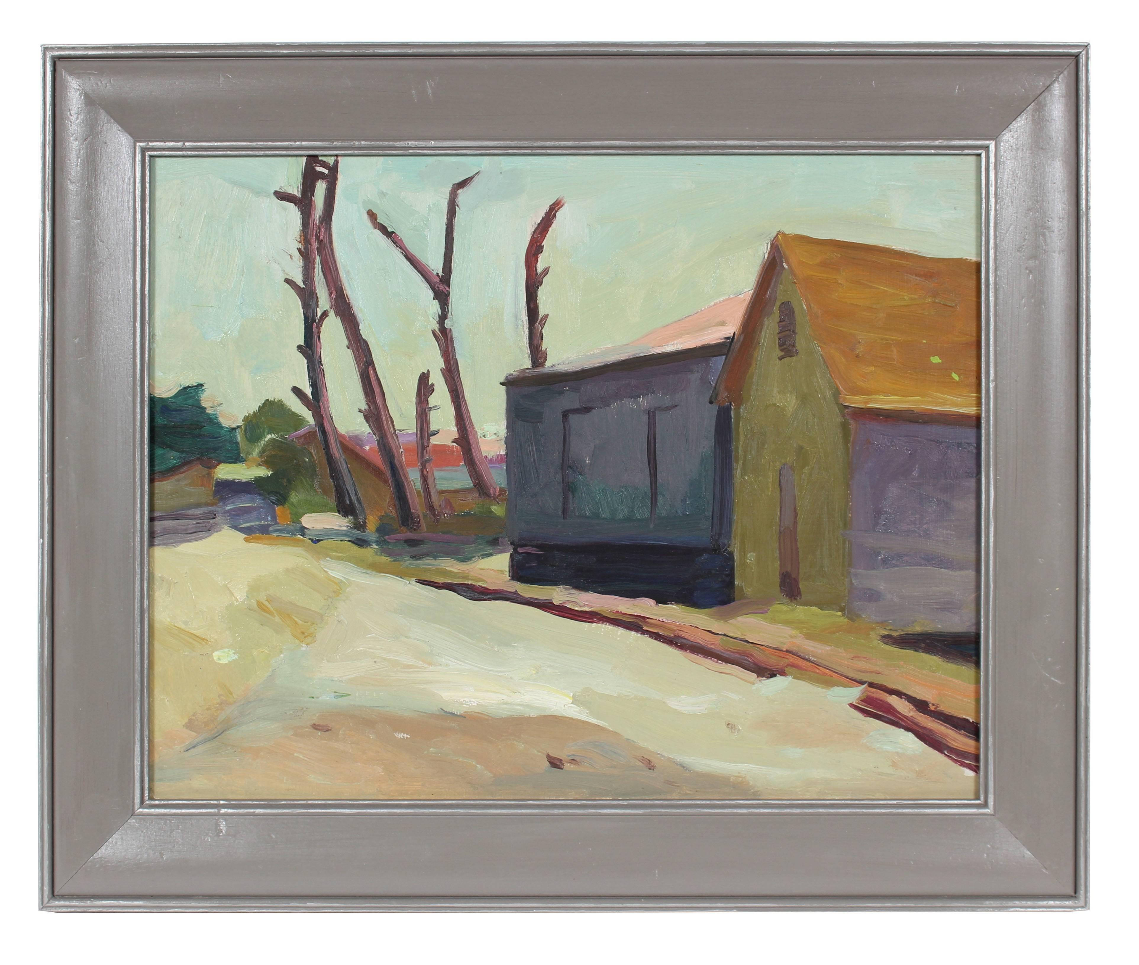 Frederick Pomeroy Landscape Painting - House and Trees, Oil on Canvas City Scene, Mid Century