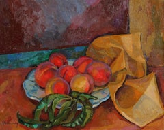 Impressionist Still Life with Peaches, Oil on Canvas Painting, Mid 20th Century