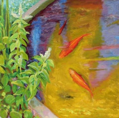 Koi Pond in Oil, 20th Century Painting