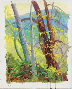 Lush Spring Forest Landscape with a Mountain and Trees in Oil on Linen, 1954