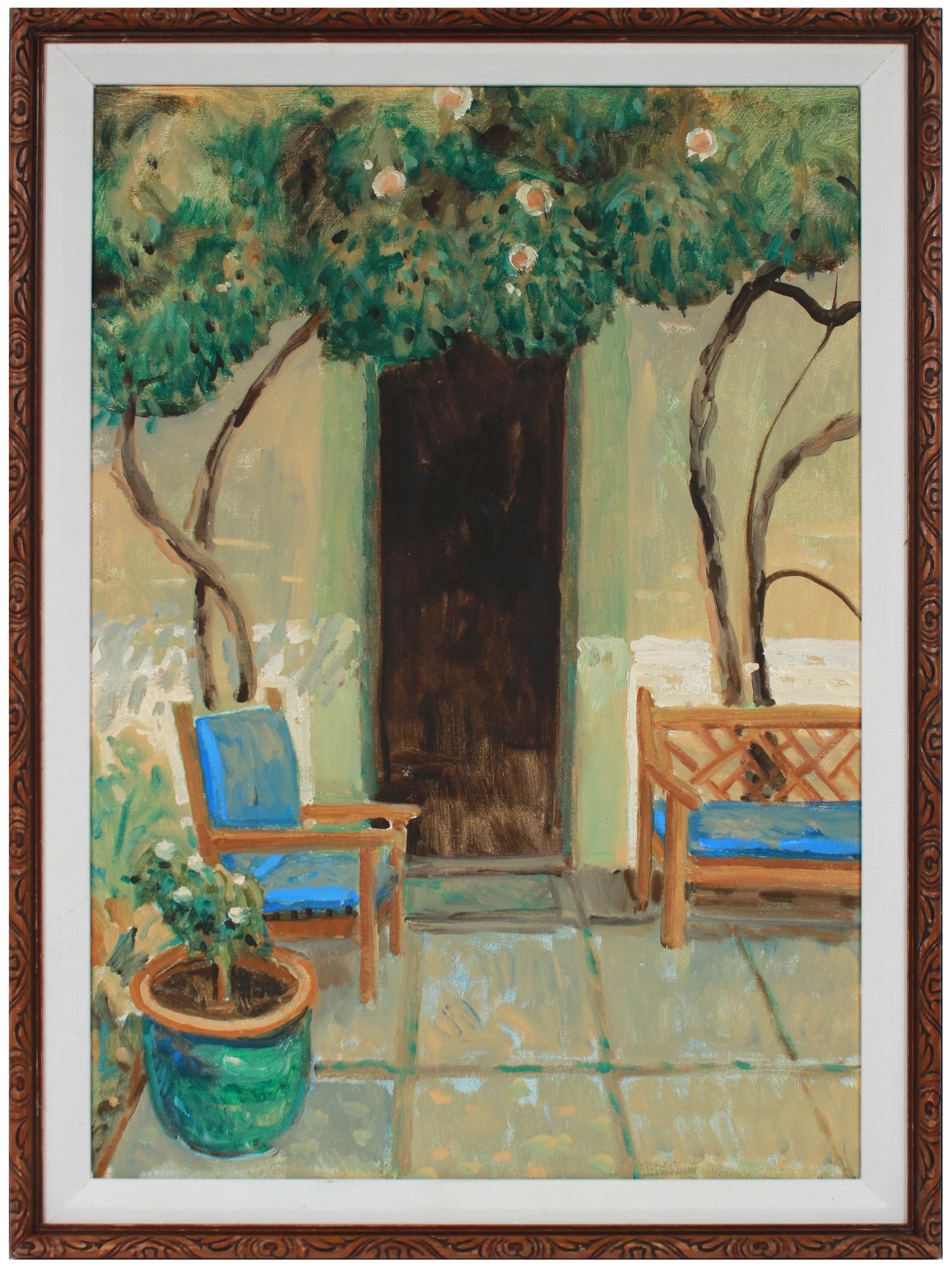 Frederick Pomeroy Landscape Painting - Patio Scene with Blue Benches Mid-Late 20th Century Oil