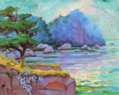 "Pt. Lobos in Purples" Seascape with Cypress Tree in Oil, 20th Century