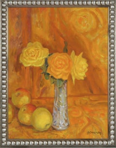 Roses & Apples, Still Life Mid-Late 20th Century Oil Painting