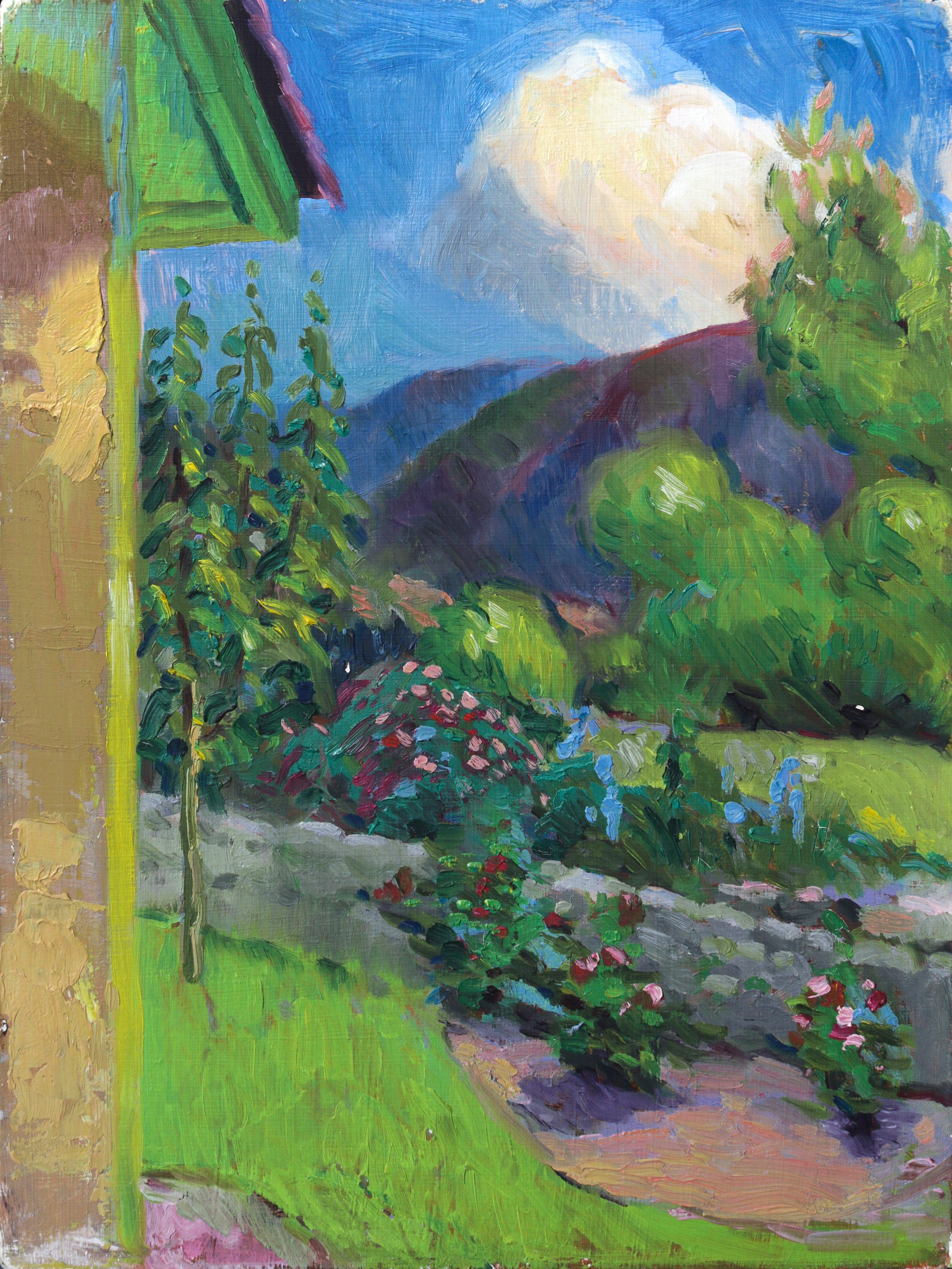 Frederick Pomeroy Landscape Painting - Sunny Garden Scene 20th Century Oil Painting