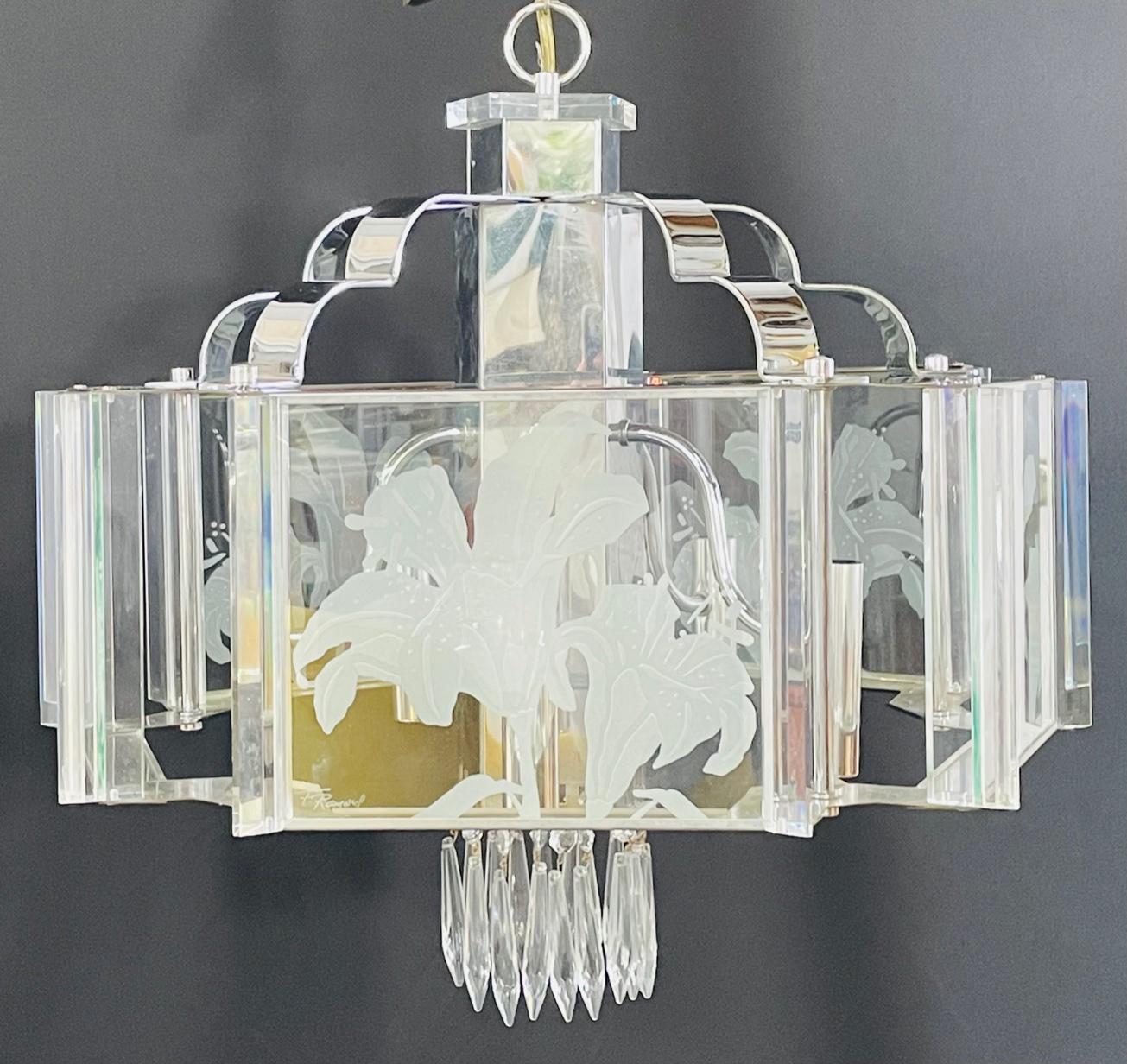 American Frederick Ramond Art Deco Style Glass and Chrome Chandelier or Pendant For Sale