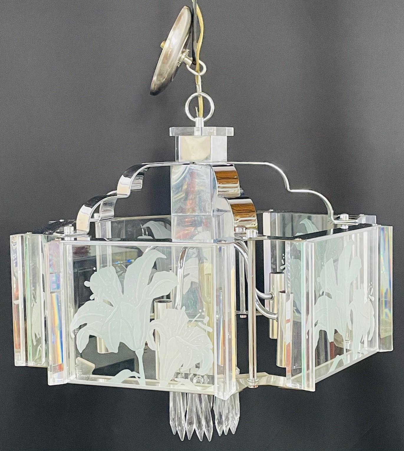 Frederick Ramond Art Deco Style Glass and Chrome Chandelier or Pendant In Good Condition For Sale In Plainview, NY