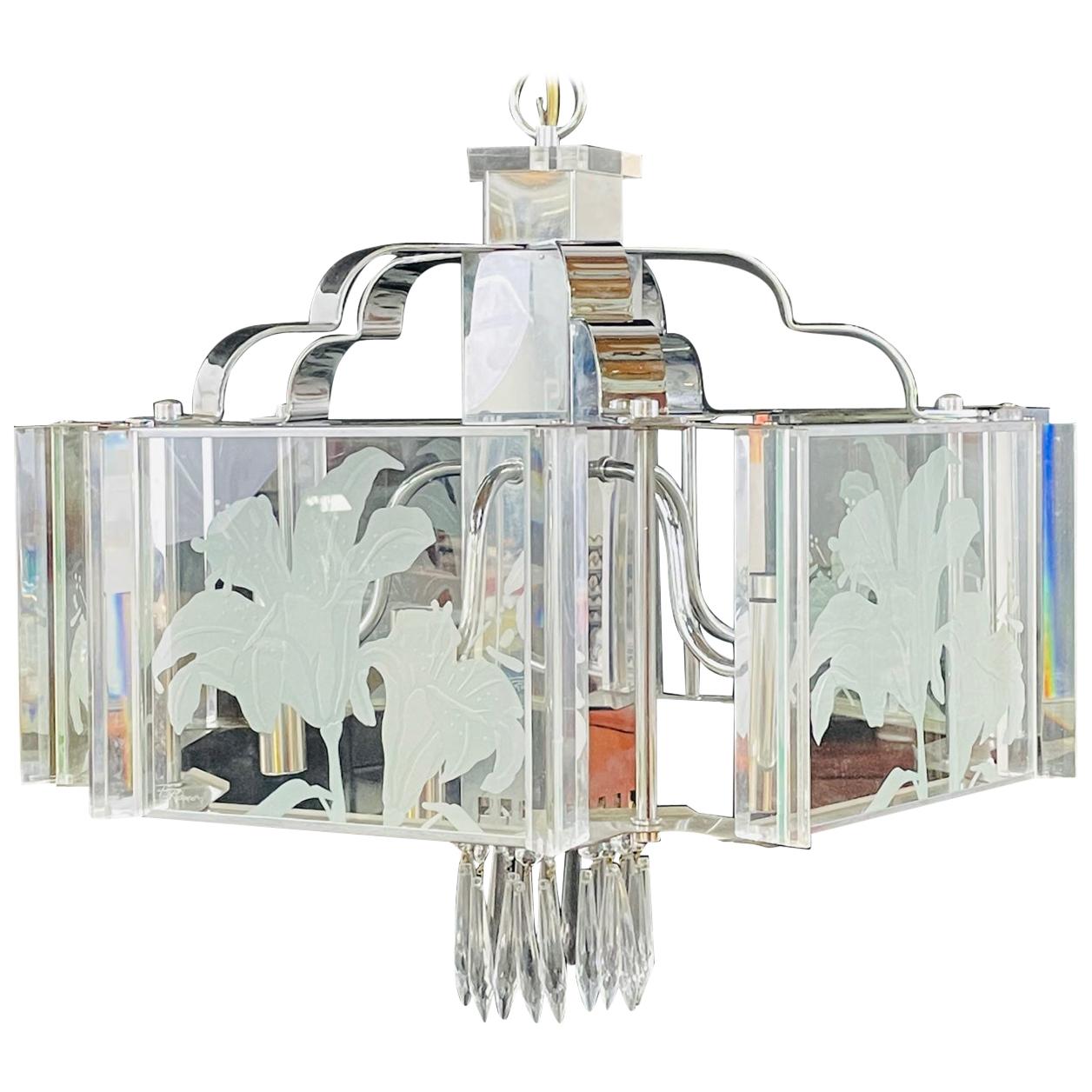 Frederick Ramond Art Deco Style Glass and Chrome Chandelier or Pendant For Sale
