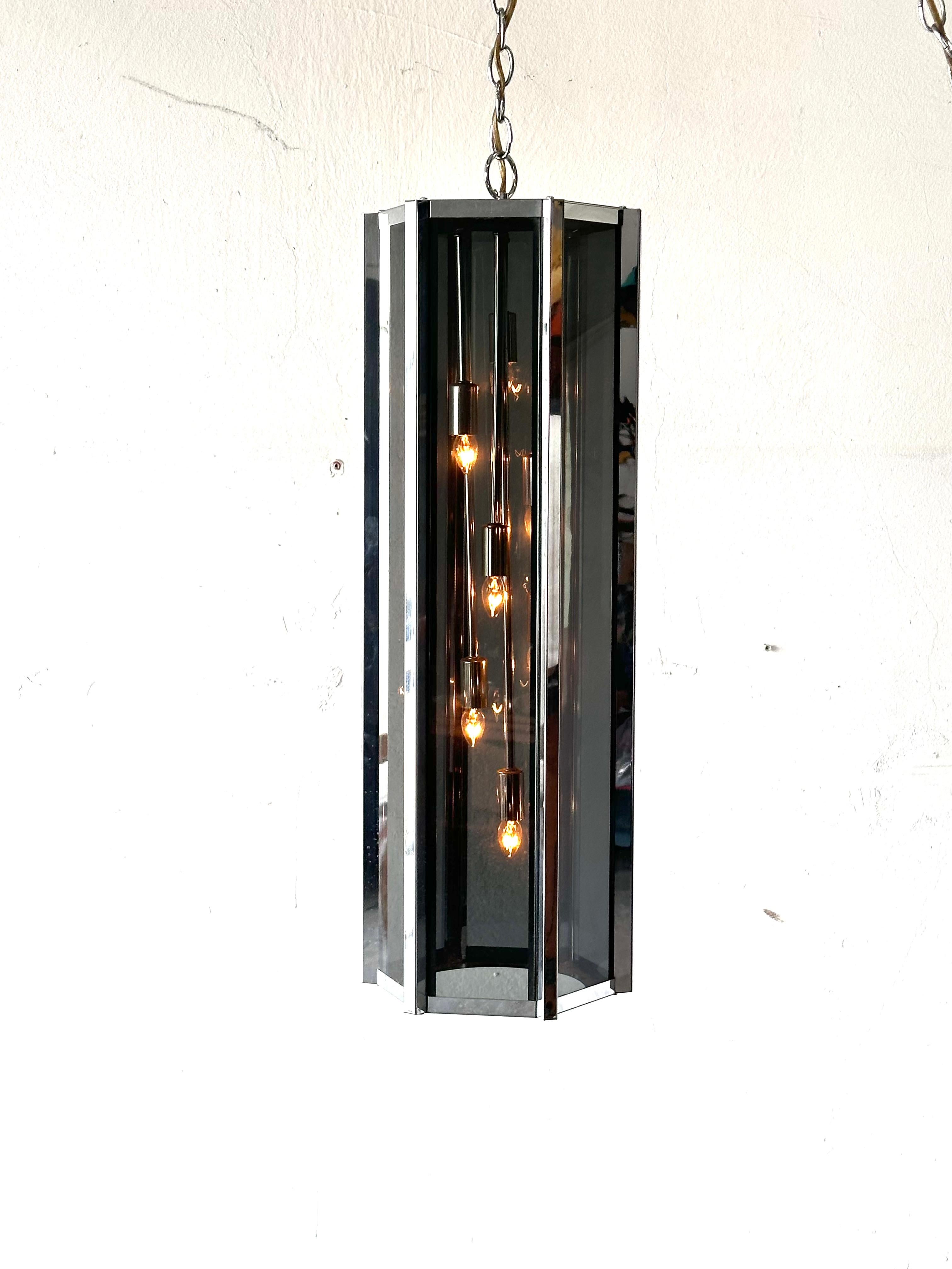 Frederick Ramond Mid-Century Smoked Glass & Chrome Swag / Pendant / Chandelier For Sale 5