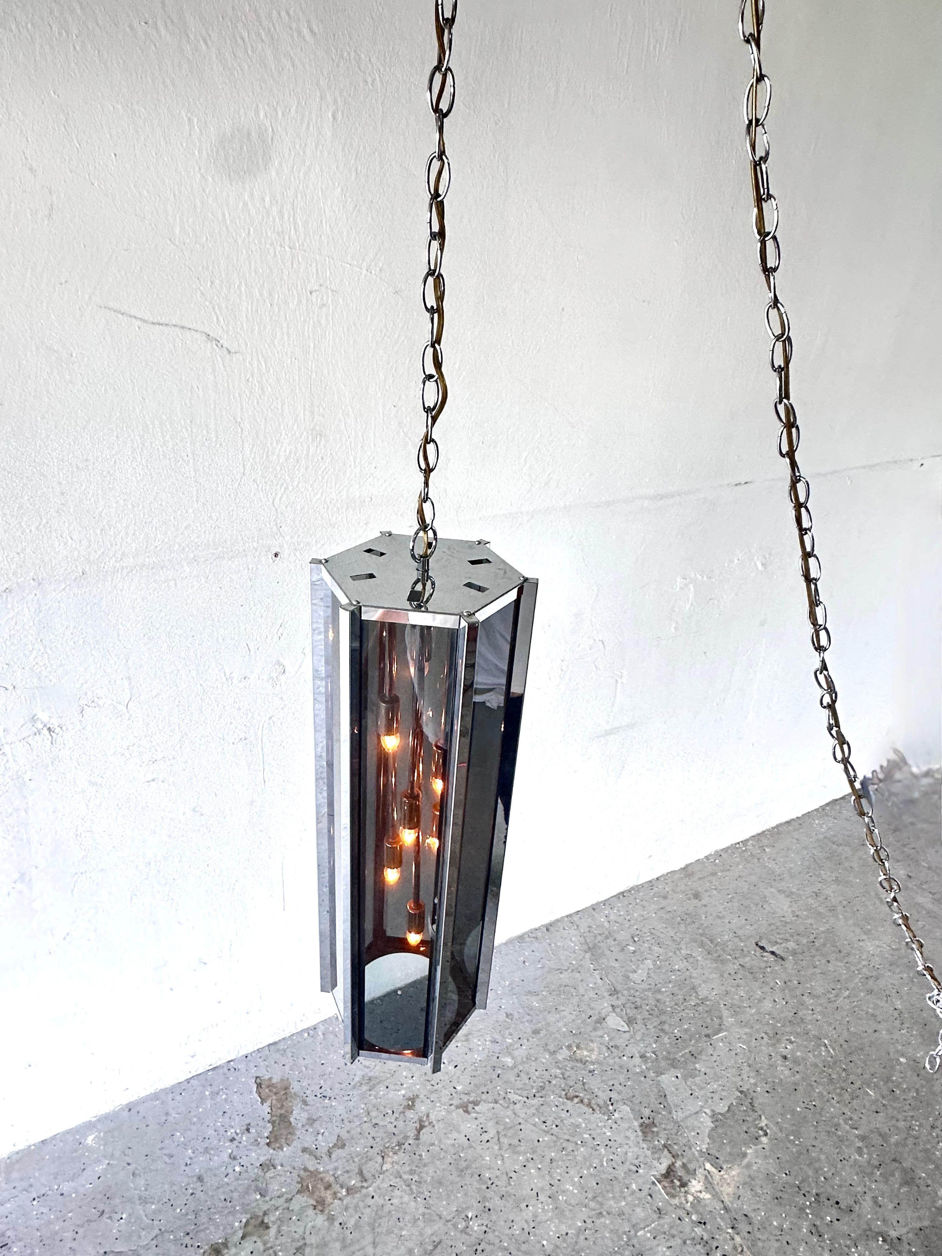Frederick Ramond Mid-Century Smoked Glass & Chrome Swag / Pendant / Chandelier In Good Condition For Sale In Las Vegas, NV