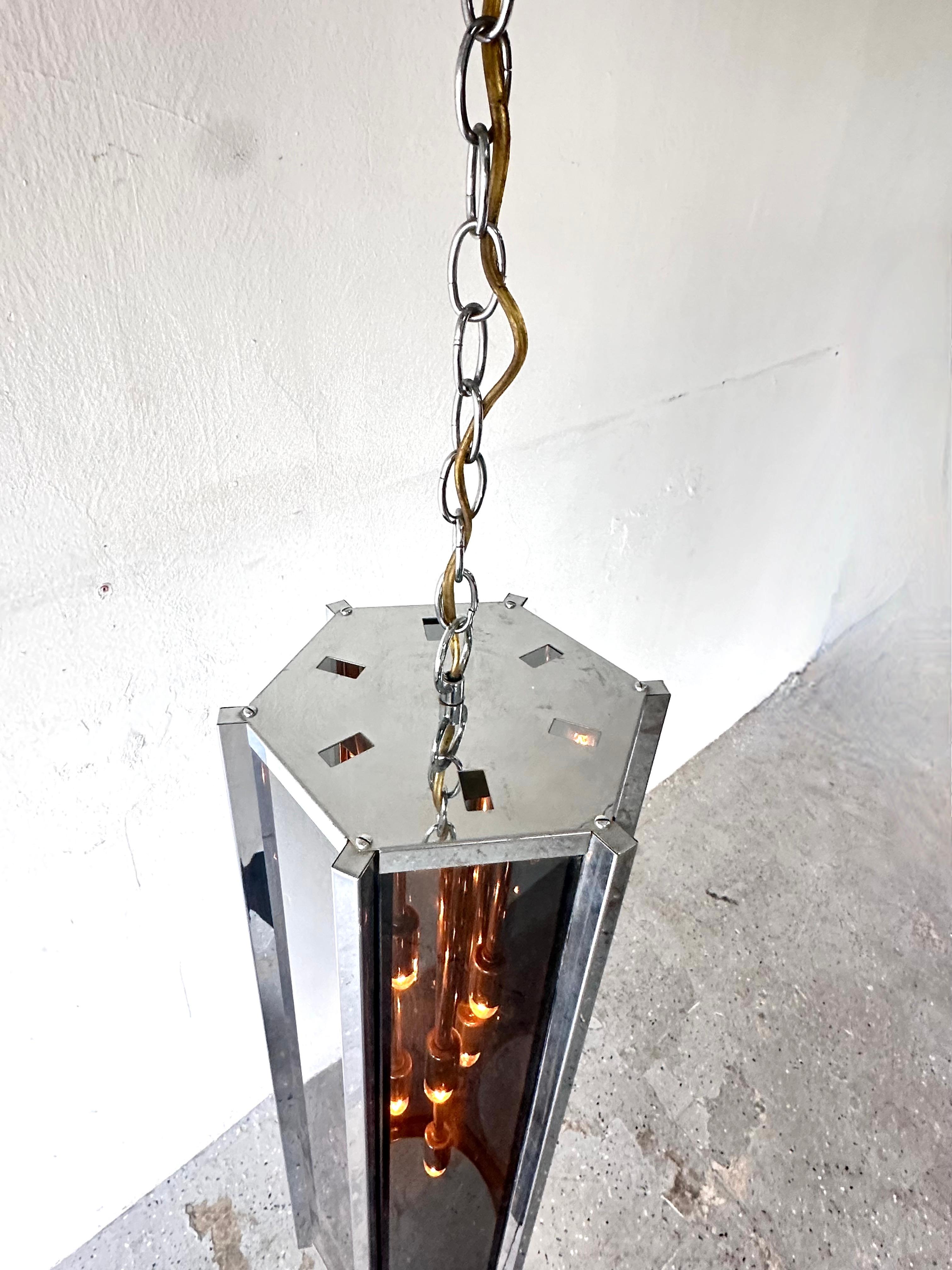 Late 20th Century Frederick Ramond Mid-Century Smoked Glass & Chrome Swag / Pendant / Chandelier For Sale