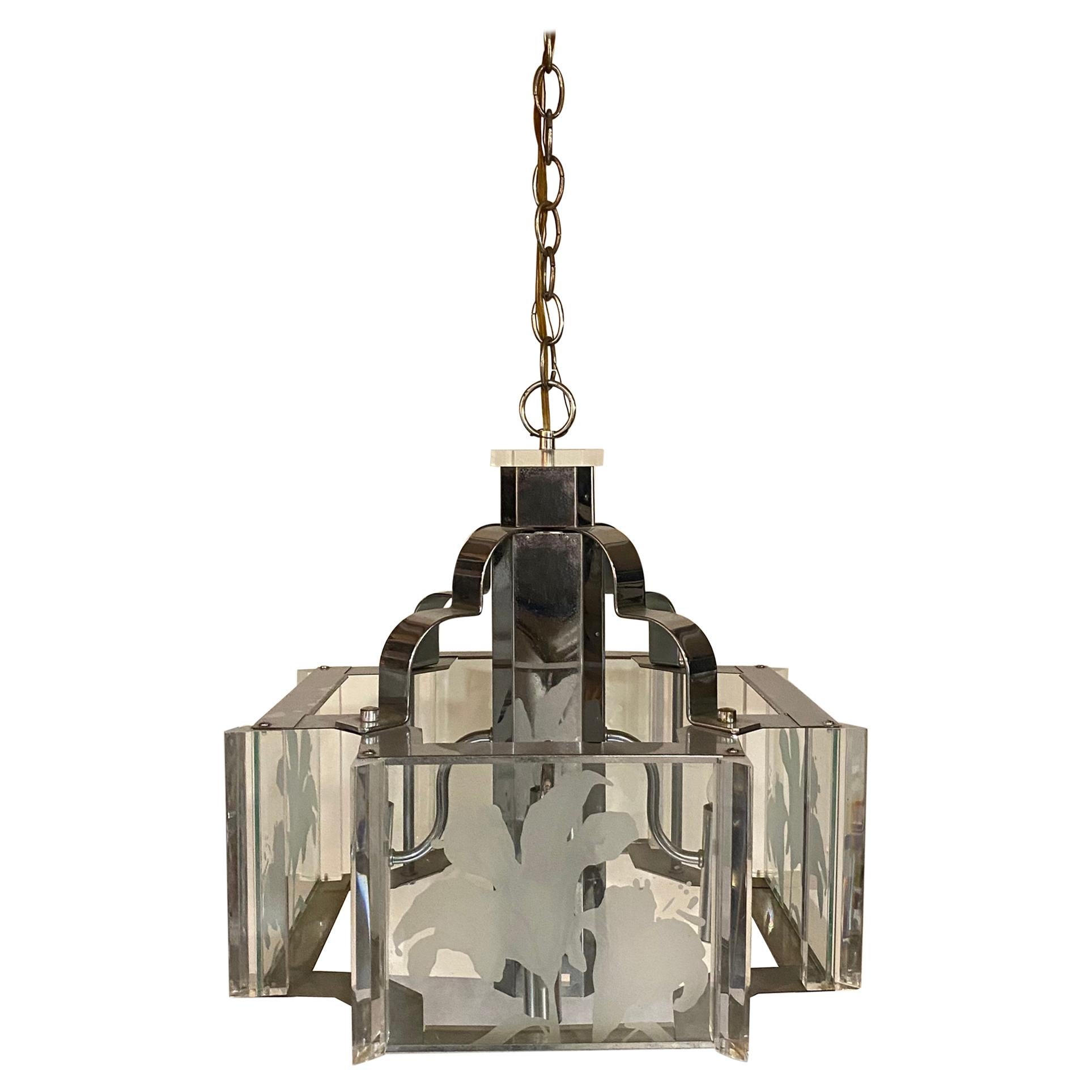 Frederick Raymond Art Deco Revival Chrome and Glass Chandelier For Sale