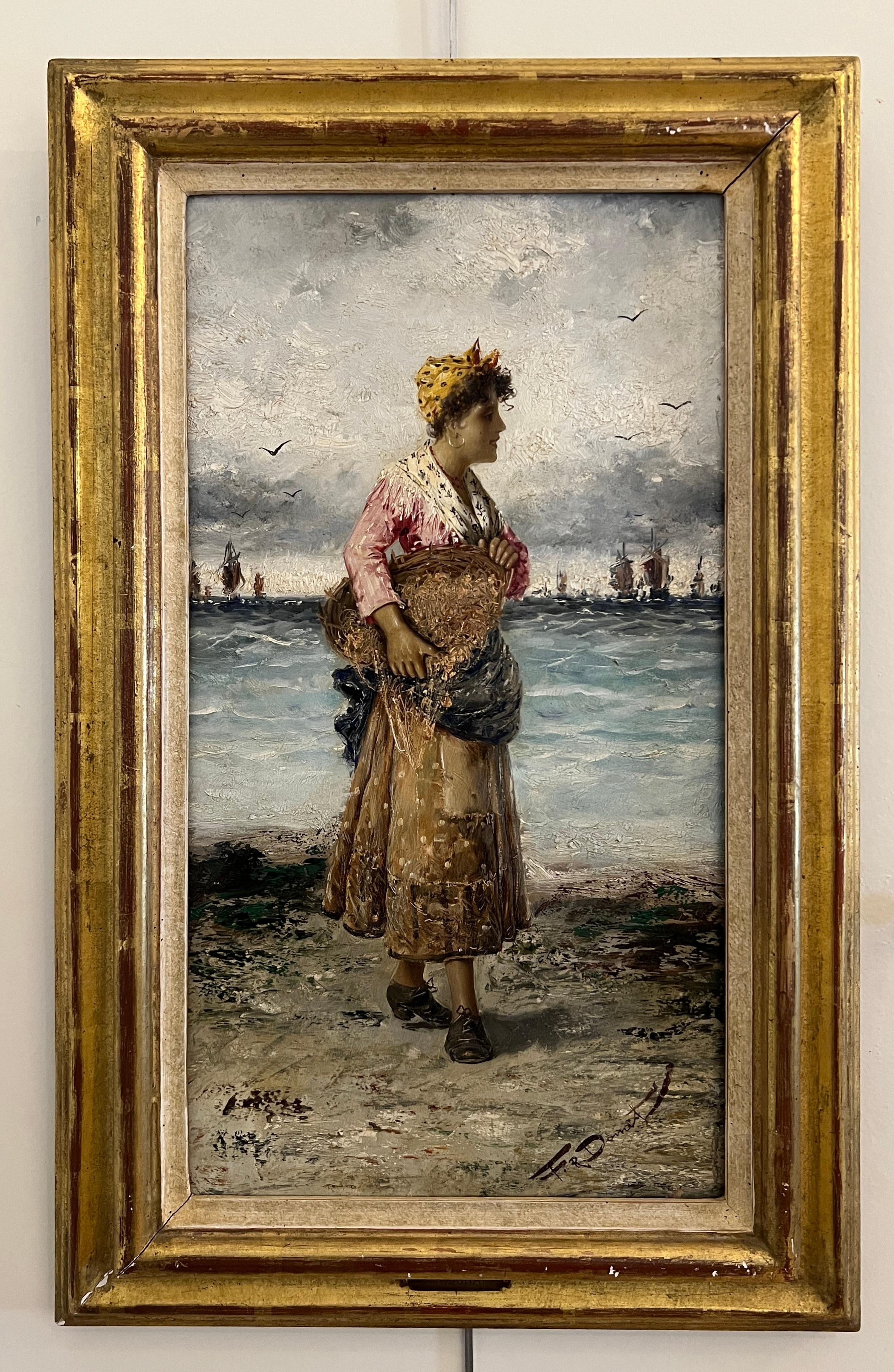 Femme avec un filet de poisson - Painting de Frederick Reginald Donat