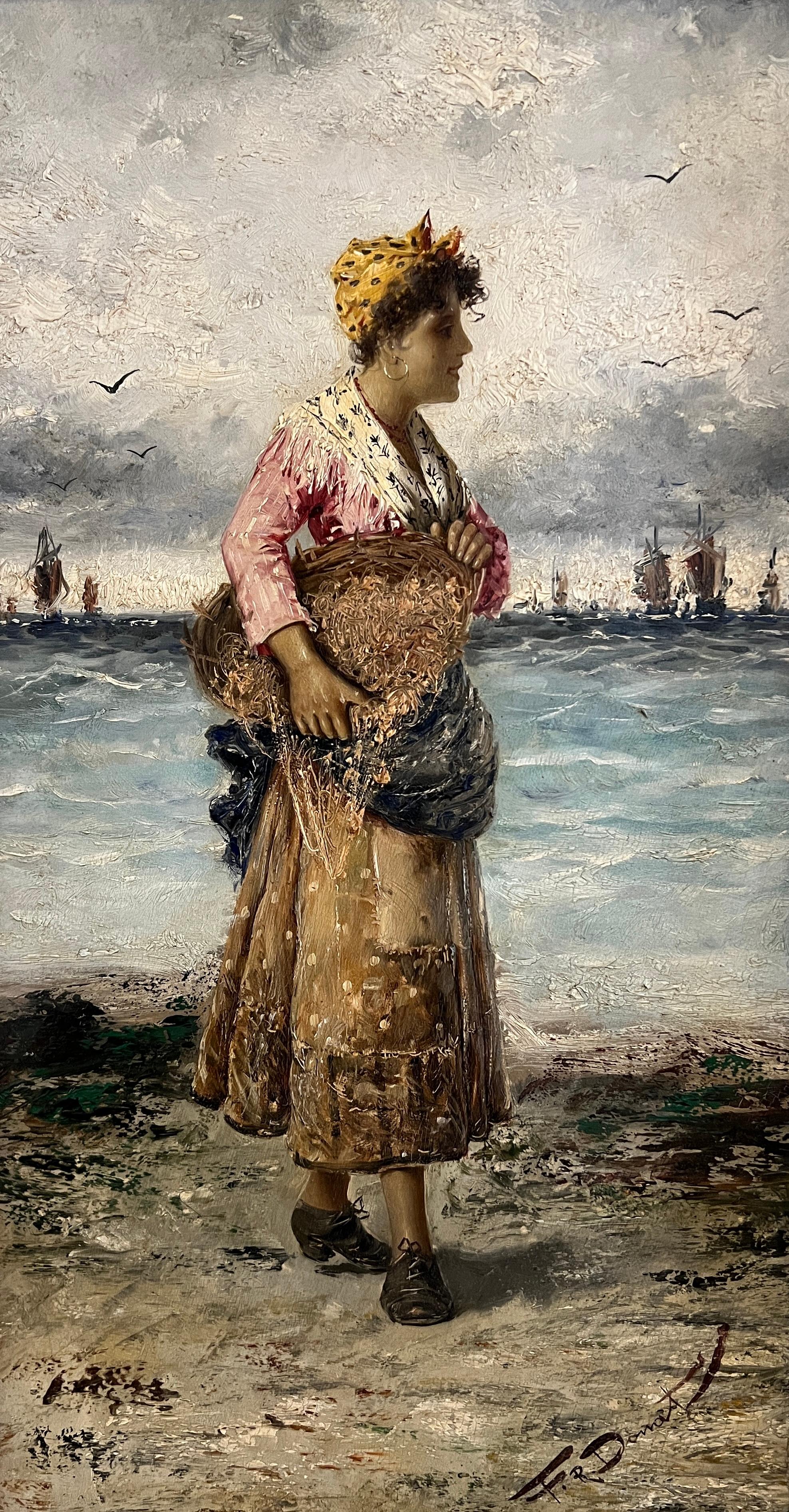Figurative Painting Frederick Reginald Donat - Femme avec un filet de poisson