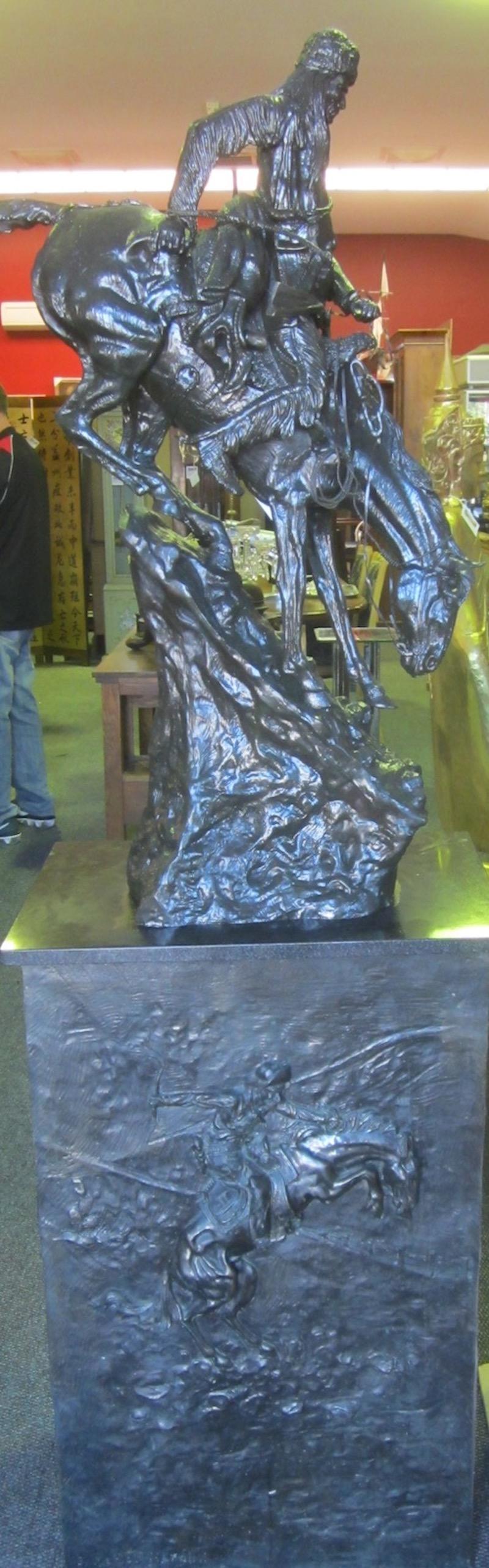 Cast Frederick Remington Replica Bronze on an Embossed Bronze Plinth