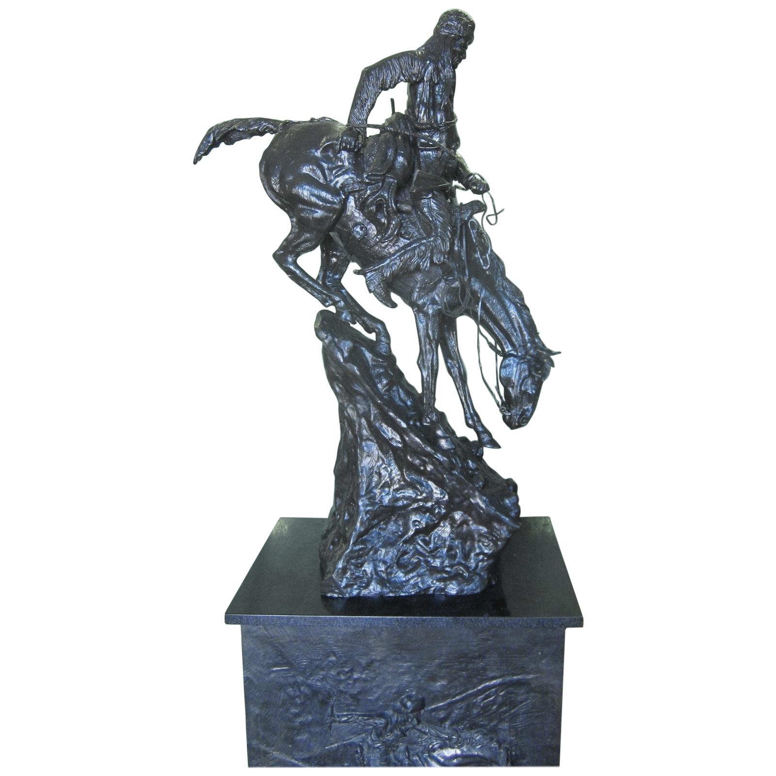 Frederick Remington Replica Bronze on an Embossed Bronze Plinth
