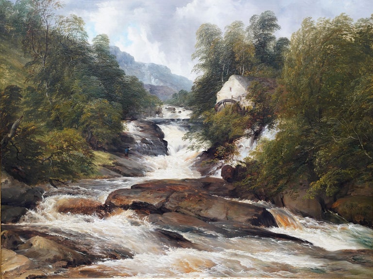 Mill on Ogwen River, North Wales - British Victorian art landscape oil painting - Painting by Frederick Richard Lee