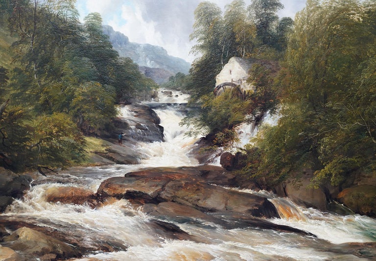 Mill on Ogwen River, North Wales - British Victorian art landscape oil painting - Brown Landscape Painting by Frederick Richard Lee