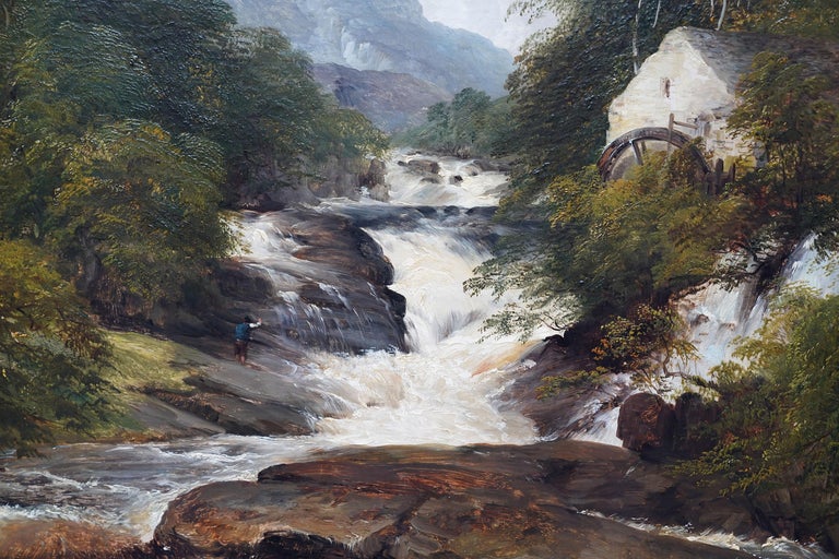 Mill on Ogwen River, North Wales - British Victorian art landscape oil painting For Sale 1