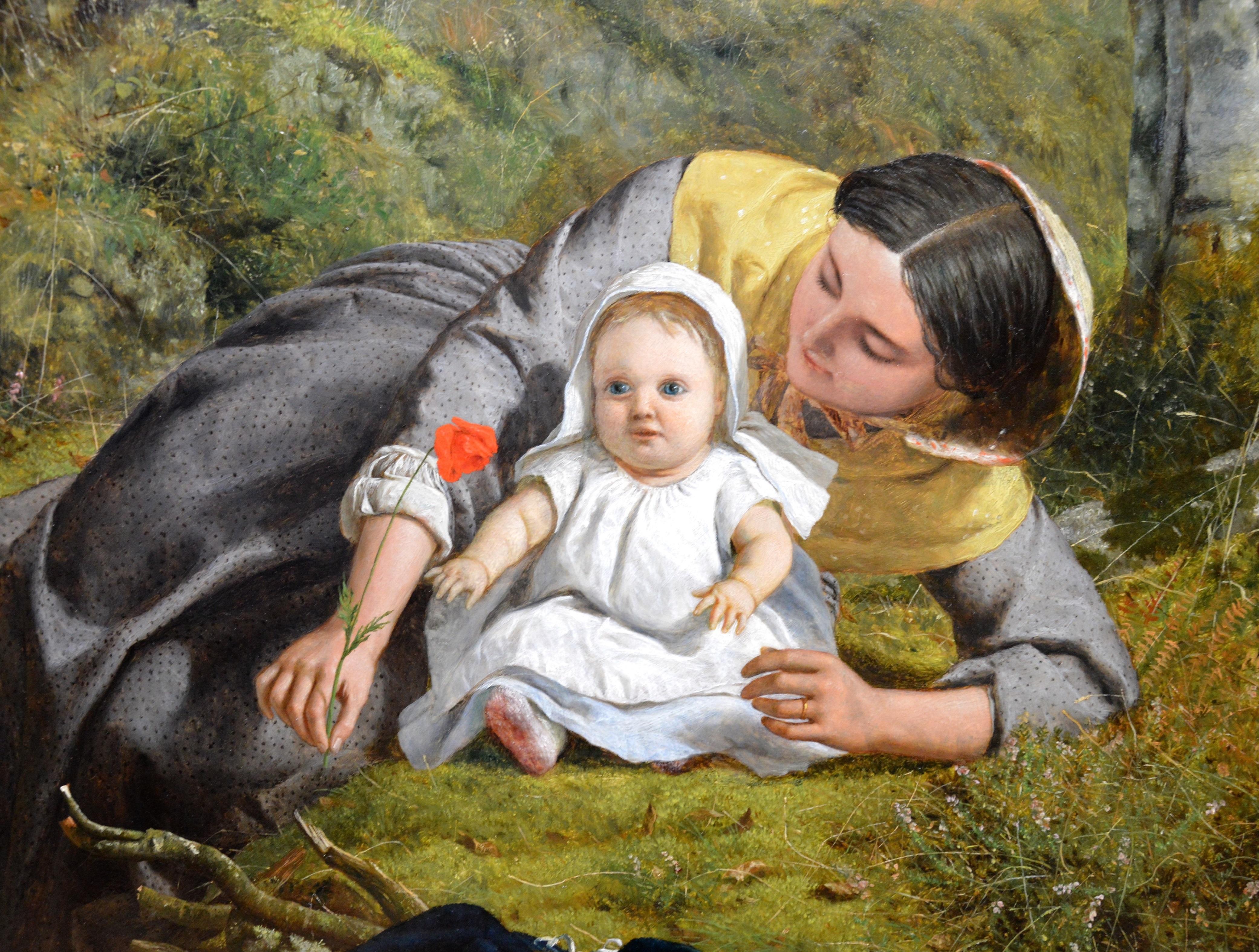Mother & Child with Poppy - Mid 19th Century Pre Raphaelite Oil Painting - 1862 1