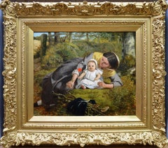 Mother & Child with Poppy - Mid 19th Century Pre Raphaelite Oil Painting - 1862