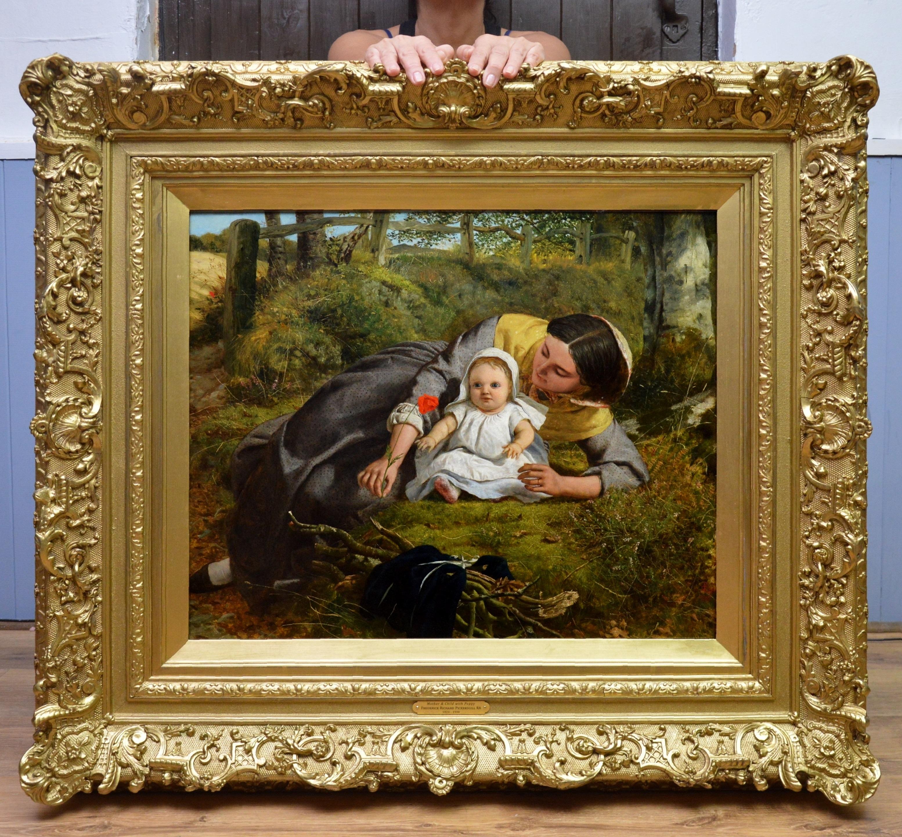 Mother & Child with Poppy - Mid 19th Century PreRaphaelite Oil Painting - 1862 - Brown Landscape Painting by Frederick Richard Pickersgill