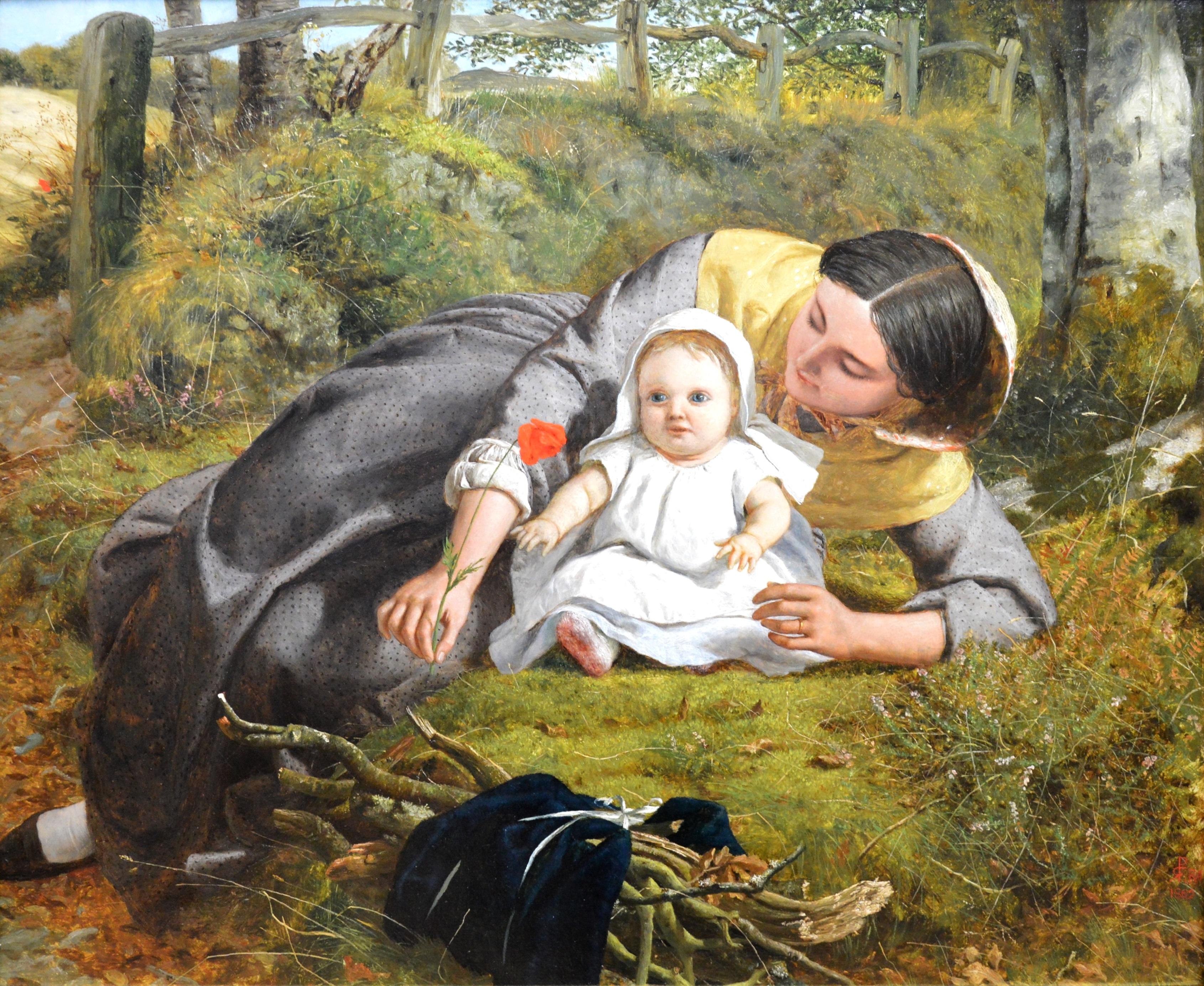 Mother & Child with Poppy - Mid 19th Century PreRaphaelite Oil Painting - 1862 - Brown Landscape Painting by Frederick Richard Pickersgill