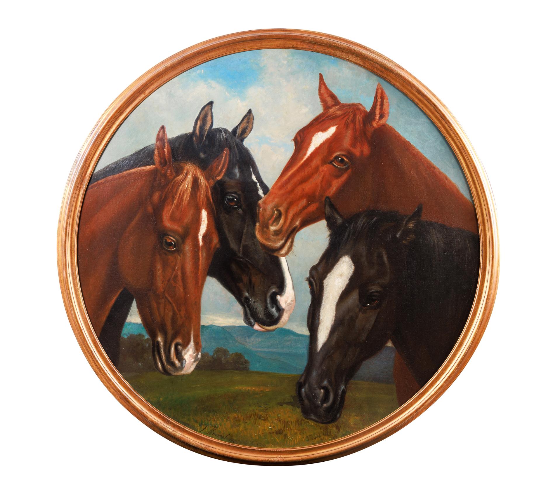 Frederick Rondel (Américain 1826-1892) Une grande et rare peinture de "Quatre chevaux", 1866

Une magnifique et rare peinture ovale de chevaux, huile sur panneau, mesurant 52" de diamètre, avec une qualité exceptionnelle des détails des chevaux et