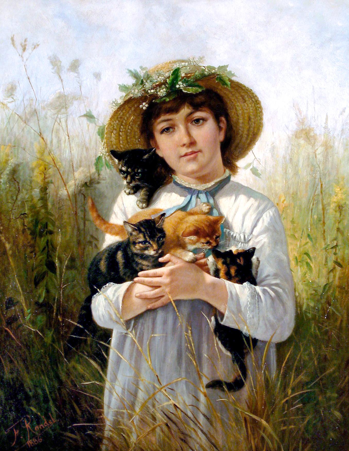 Frederick Rondel Figurative Painting - Young Girl with Kittens