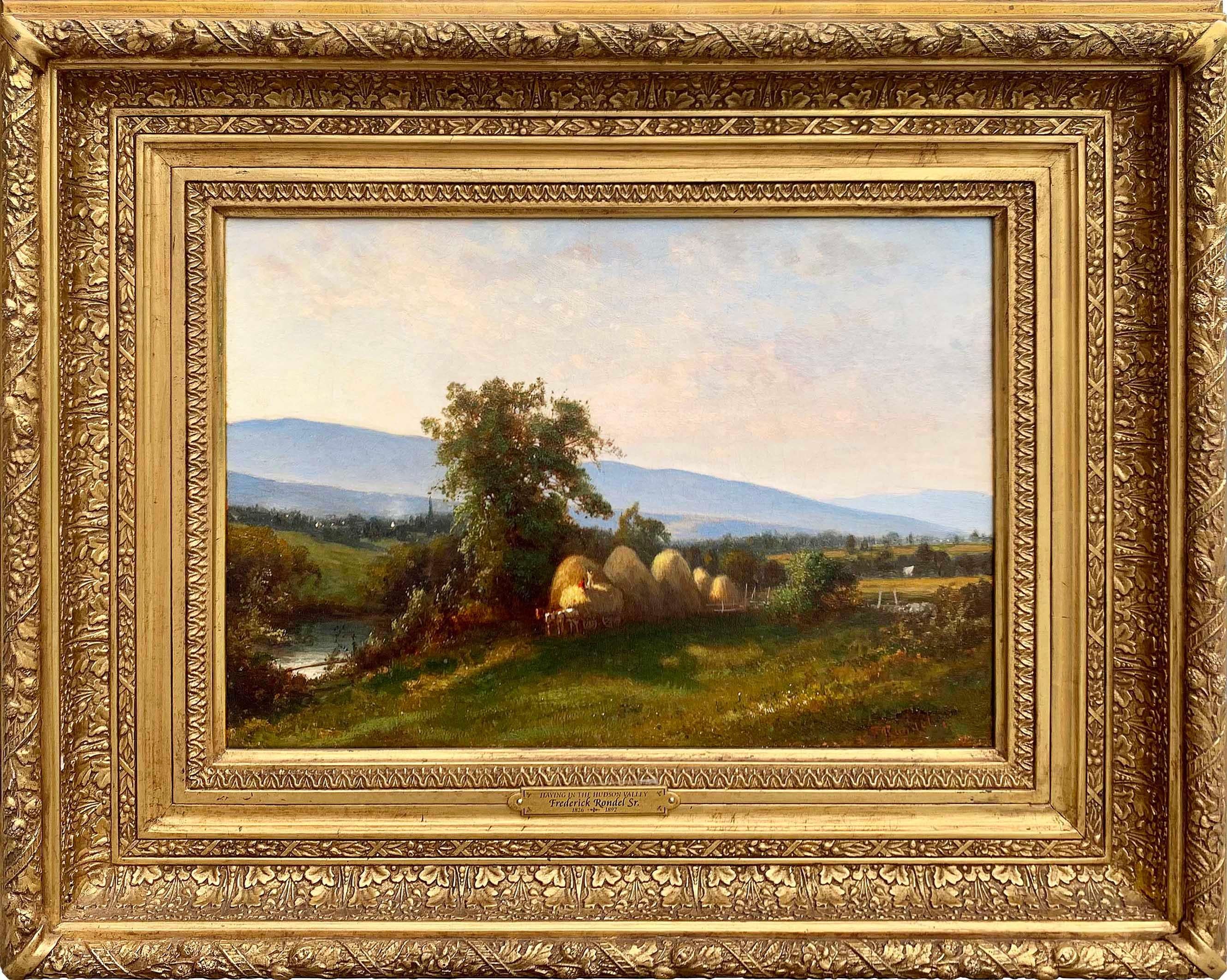 Painted by Hudson River School artist Frederick Rondel, Sr. (1826-1892), "Haying in the Hudson River Valley" is oil on canvas, measures 10.25 x 14 inches, and is signed by Rondel at the lower right. The work is framed in a period appropriate frame