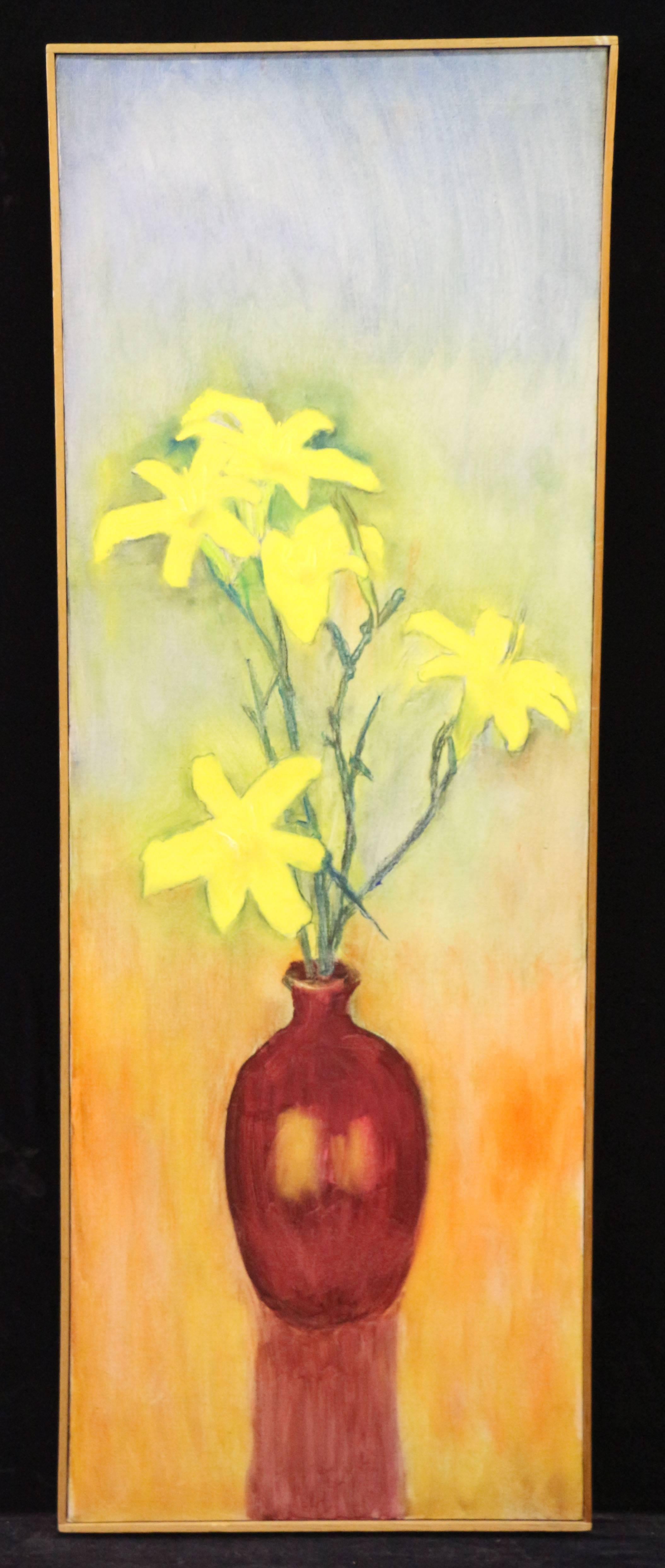 Flower of Light and Life, red flower vase with yellow flowers, rainbow backdrop - Painting by Frederick S. Wight