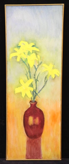 Flower of Light and Life, red flower vase with yellow flowers, rainbow backdrop