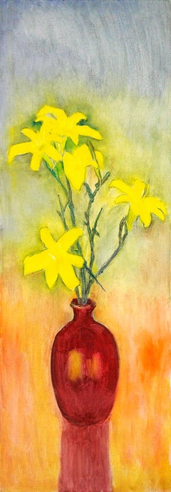 Flower of Light and Life, red flower vase with yellow flowers, rainbow backdrop