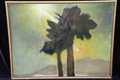 Looking West, oil painting of palm tree in the sun with mountains visible behind
