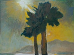 frederick wight Looking West, oil painting of palm tree in the sun with mountains visible behind