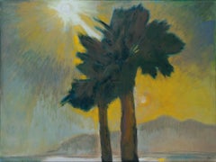 Looking West, oil painting of palm tree in the sun with mountains visible behind