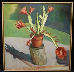 Orchid Cactus II, painting of plotted orchid cactus elevated on wood pedestal