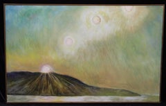 Rising, landscape painting with mountain and sun in various positions in the sky