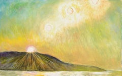 Rising, landscape painting with mountain and sun in various positions in the sky
