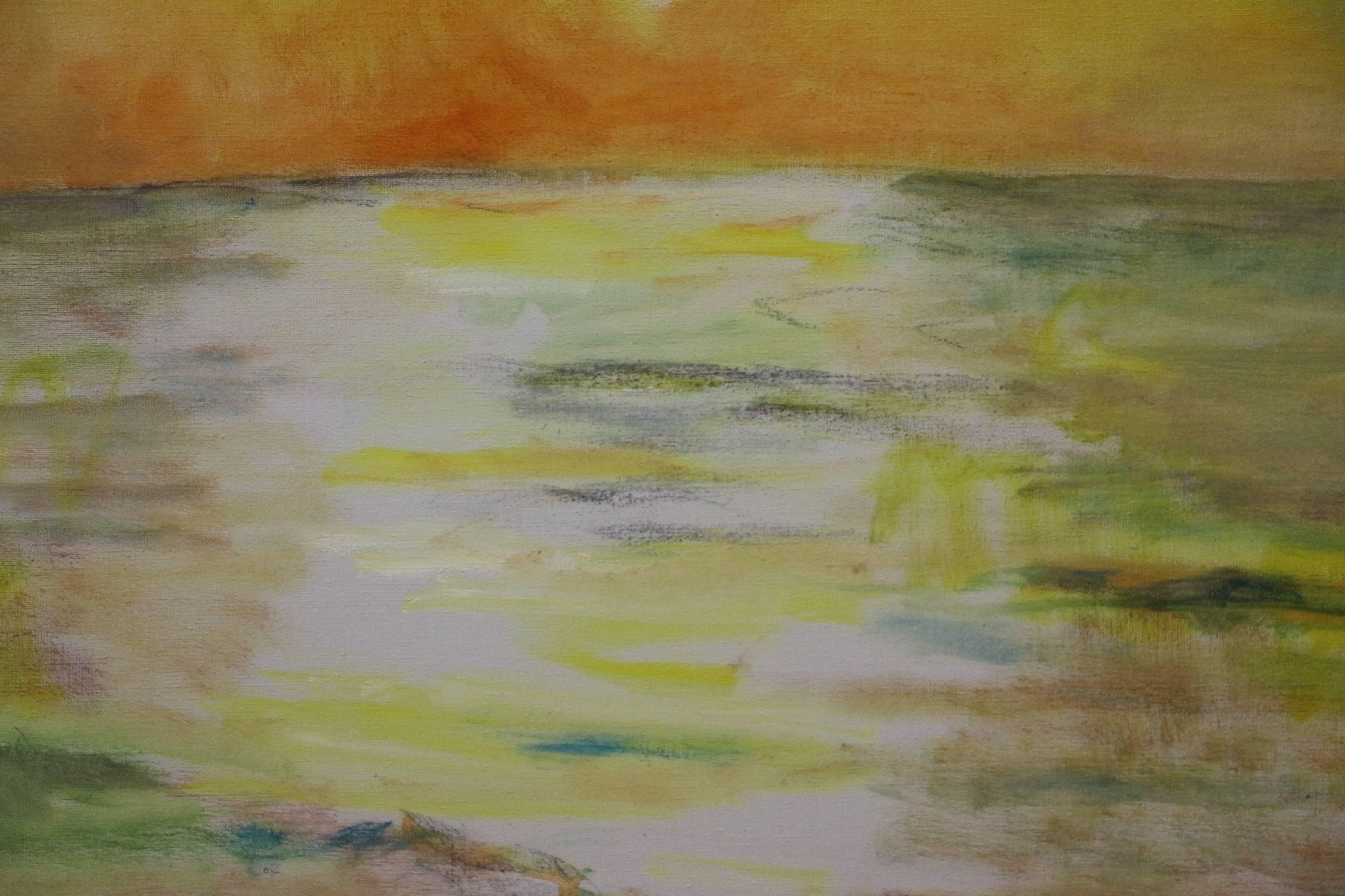 Depicted in this landscape oil painting is a low sun over the horizon of an ocean with the shoreline and waves visible. Wight uses many bright colors, including yellow, orange, red and green. . 

This original oil on canvas is representative of the