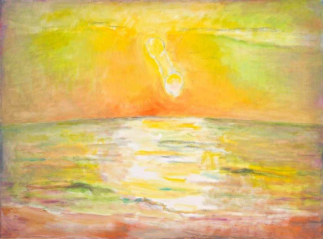 Frederick S. Wight Landscape Painting - Western Sea, bright and colorful abstract landscape of sun over the sea 