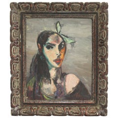 Vintage Frederick Serger 'the Green Bow' Expressionist Oil on Board Portrait Painting