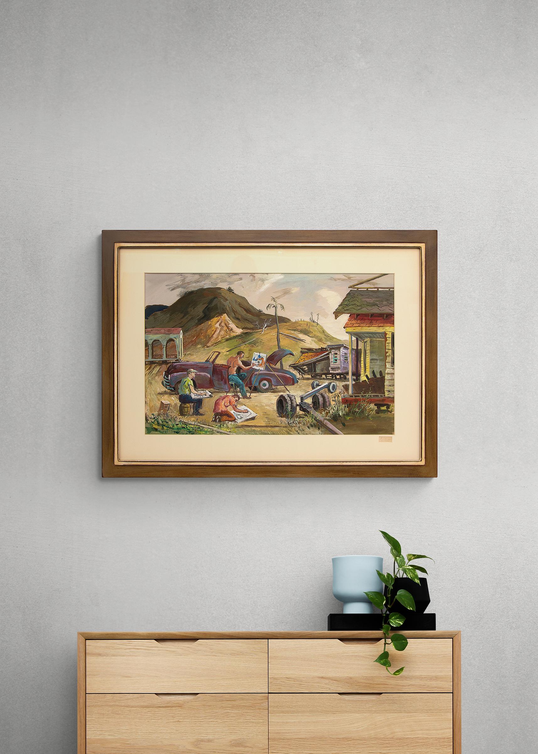 Artists Sketching, California, 1940s Large Modernist Gouache Landscape Painting For Sale 2