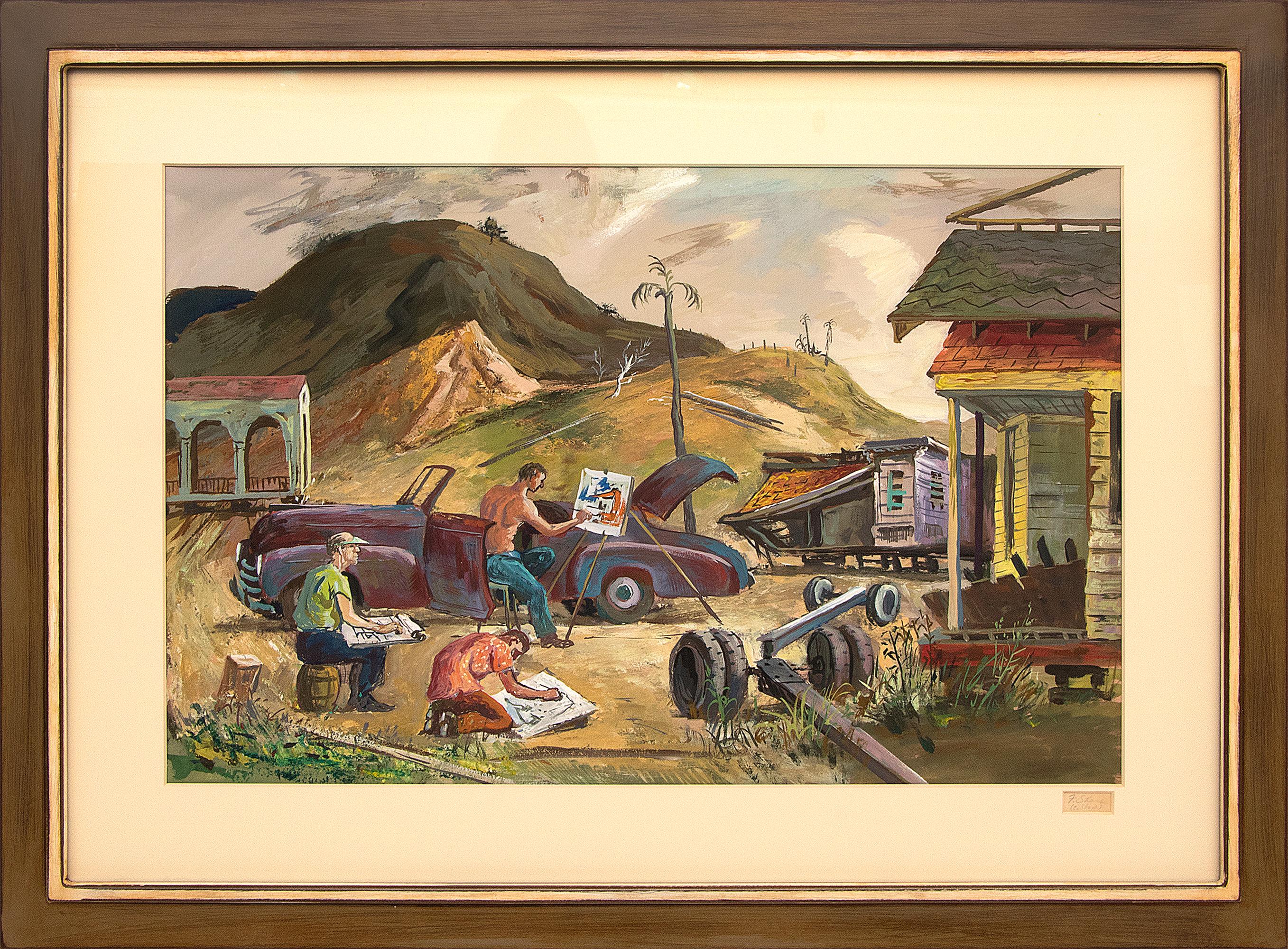 Frederick Shane Figurative Painting - Artists Sketching, California, 1940s Large Modernist Gouache Painting, Landscape
