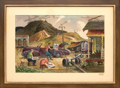 Artists Sketching, California, 1940s Large Modernist Gouache Painting, Landscape
