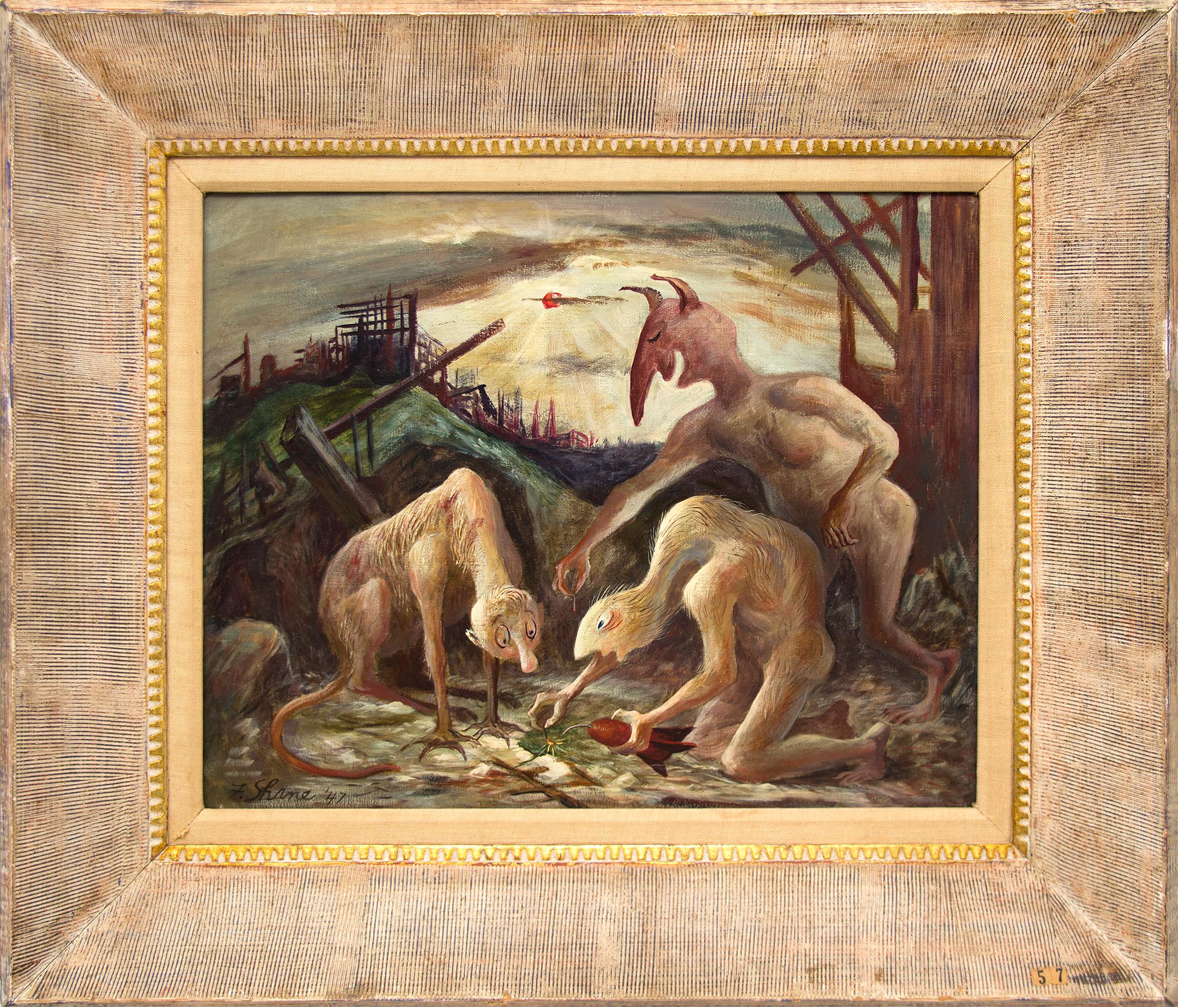 Twilight of History, figuratives Ölgemälde der amerikanischen Moderne, Gold, Grün, Rot – Painting von Frederick Shane