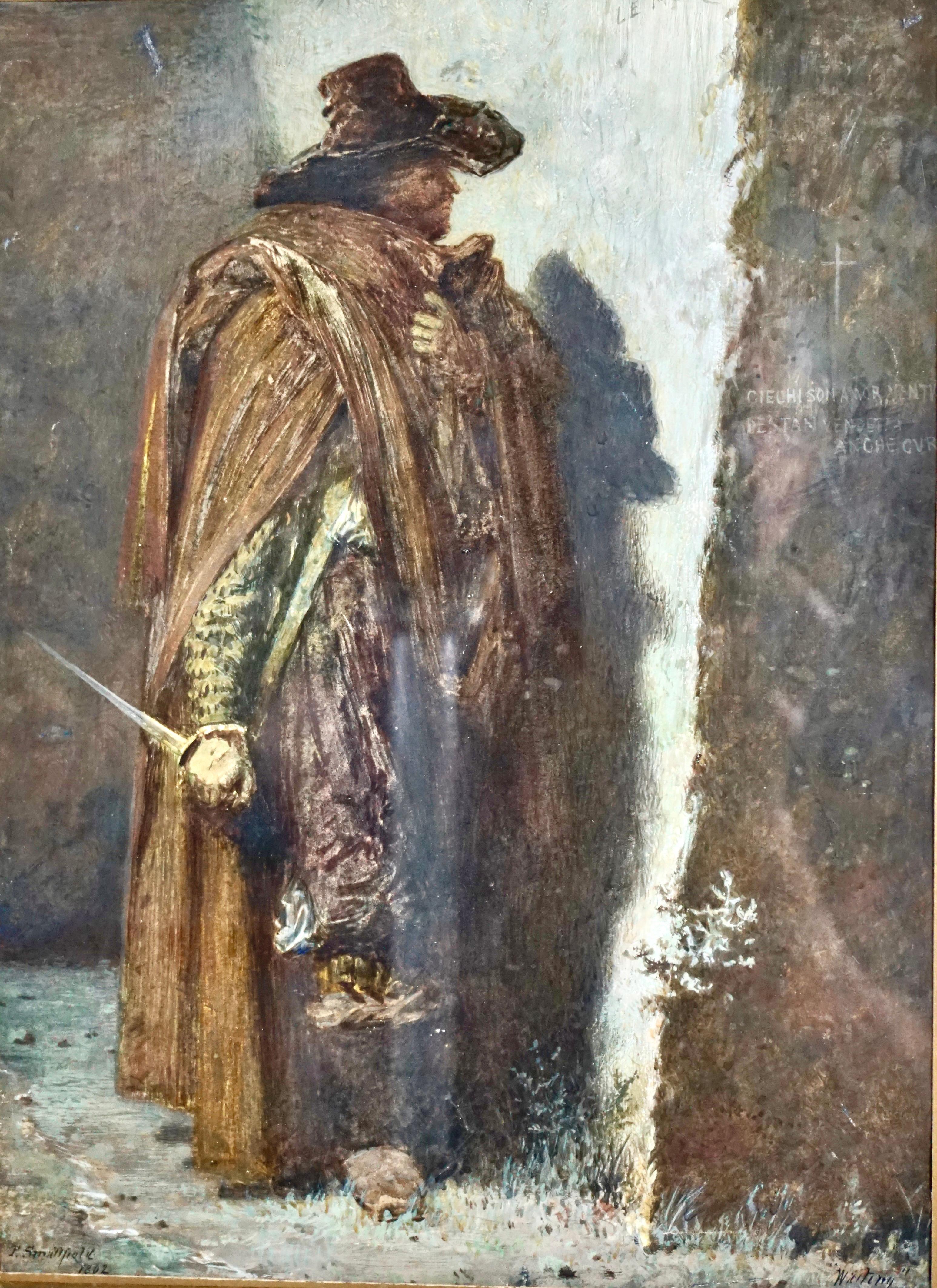 An intriguing and well-painted watercolor, gouache and graphite on paper depicting a cavalier with a dagger, lying in wait, signed and dated lower left 